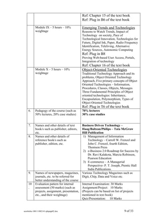 Ref: Chapter 15 of the text book
                                                 Ref: Plug in B6 of the text book

           Module IX – 5 hours – 10%             Emerging Trends and Technologies
           weightage                             Reasons to Watch Trends, Impact of
                                                 Technology on society, Pace of
                                                 Technological Innovation, Technologies for
                                                 Future, Digital Ink, Paper, Radio Frequency
                                                 Identification, Teleliving, Alternative
                                                 Energy Sources, Autonomic Computing
                                                 Ref: Plug in B8
                                                 Proving Web-based User Access, Portals,
                                                 Integration of technology
                                                 Ref: Chapter 16 of the text book
           Module X – 5 hours – 10%              Object-Oriented Technologies
           weightage                             Traditional Technology Approach and its
                                                 problems, Object Oriented Technology
                                                 Approach, Five primary concepts of Object
                                                 Oriented Technologies – Information,
                                                 Procedures, Classes, Objects, Messages
                                                 Three Fundamental Principles of Object
                                                 oriented technologies: Inheritance,
                                                 Encapsulation, Polymorphism, Types of
                                                 Object Oriented Technologies
                                                 Ref: Plug in T6 of the text book
    6.     Pedagogy of the course (such as       70% lectures
           50% lectures, 20% case studies)       30% case studies


    7.     Names and other details of text       Business Driven Technology –
           book/s such as publisher, editors,    Haag/Baltzan/Philips – Tata McGraw
           etc.                                  Hill Publication
    8.     Names and other details of            1) Management of Information
           reference book/s such as                   Technology – Carroll W. Frenzel and
           publisher, edition, etc.                   John C. Frenzel, fourth Edition,
                                                      Thomson Press
                                                 2) e-Business 2.0 Roadmap for Success by
                                                      Dr. Ravi Kalakota, Marcia Robinson,
                                                      Pearson Education
                                                 3) E-commerce – A Managerial
                                                      Perspective- P. T. Joseph, Prentic Hall
                                                      India Publications.
    9.     Names of newspapers, magazines,       Various Technology Magazines such as
           journals, etc. to be referred for     Digit, Chip, Data and Voice etc.
           better understanding of the course
    10     Evaluation pattern for internal       Internal Examination: 30 Marks
    .      assessment (50 marks) (such as        Assignment/Project: 10 Marks
           projects, assignment, presentation,   (Projects can be based on list of projects
           etc., and their weightage)            mentioned in text book)
                                                 Quiz/Presentation: 10 Marks


sem4mba-100111002141-phpapp02.doc                                                  9 of 33
 