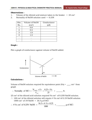 [SEM IV : PHYSICAL & ANALYTICAL CHEMISTRY PRACTICAL MANUAL] Dr. Aqeela Sattar, Royal College
Observations :
1. Volume of the diluted acid mixture taken in the beaker = 25 cm3
2. Normality of NaOH solution used = 0.25N
Obs.
No.
Volume of NaOH
(cm3)
Conductance
(µS)
1 0.0
2 0.5
3 1.0
4 1.5
. .
. .
Graph :
Plot a graph of conductance against volume of NaOH added.
Calculations :
Volume of NaOH solution required for equivalence point (Vx) = ____ cm3 from
graph
25
Vx
0.25
N
HCl
of
Normality NaOH 




HCl
V
Vx
= _______ N.
25 cm3 of the diluted acid solution required Vx cm3 of 0.25N NaOH solution.
 100 cm3 of the diluted solution will require 4 Vx cm3 of 0.1N NaOH solution
1000 cm3 of 1N NaOH = 36.5 g of HCl
HCl
of
g
_______
_
1000
0.25
4
5
.
6
3
NaOH
0.25N
of
cm
Vx
4 3





Vx
Volume of NaOH
Conductance
Vx
 