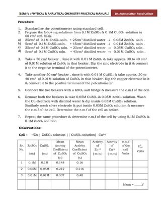 [SEM IV : PHYSICAL & ANALYTICAL CHEMISTRY PRACTICAL MANUAL] Dr. Aqeela Sattar, Royal College
Procedure:
1. Standardise the potentiometer using standard cell.
2.
a)
b)
c)
d)
Prepare the following solutions from 0.1M ZnSO4 & 0.1M CuSO4 solution in
50 cm3 std. flask.
25cm3 of 0.1M ZnSO4 soln. + 25cm3 distilled water  0.05M ZnSO4 soln .
5cm3 of 0.1M ZnSO4 soln. + 45cm3 distilled water  0.01M ZnSO4 soln .
25cm3 of 0.1M CuSO4 soln. + 25cm3 distilled water  0.05M CuSO4 soln .
5cm3 of 0.1M CuSO4 soln. + 45cm3 distilled water  0.01M CuSO4 soln .
3. Take a 50 cm3 beaker , rinse it with 0.01 M ZnSO4 & take approx. 30 to 40 cm3
of 0.01M solution of ZnSO4 in that beaker. Dip the zinc electrode in it & connect
it to the negative terminal of the potentiometer.
4. Take another 50 cm3 beaker , rinse it with 0.01 M CuSO4 & take approx. 30 to
40 cm3 of 0.01M solution of CuSO4 in that beaker. Dip the copper electrode in it
& connect it to the positive terminal of the potentiometer.
5. Connect the two beakers with a KNO3 salt bridge & measure the e.m.f of the cell.
6. Remove both the beakers & take 0.05M CuSO4 & 0.05M ZnSO4 solution. Wash
the Cu electrode with distilled water & dip inside 0.05M CuSO4 solution.
Similarly wash silver electrode & put inside 0.05M ZnSO4 solution & measure
the e.m.f of the cell. Determine the e.m.f of the cell as before.
7. Repeat the same procedure & determine e.m.f of the cell by using 0.1M CuSO4 &
0.1M ZnSO4 solution
Observations:
Cell : (-)Zn | ZnSO4 solution || CuSO4 solution| Cu(+)
Sr.
No.
ZnSO4
(m1)
CuSO4
(m2)
Mean
Activity
Coefficient
of ZuSO4
(1)
Mean
Activity
Coefficient
of CuSO4
(2)
Activity
of
Zn+2
( m11 )
Activity
of
Cu+2
( m22 )
e.m.f
of the
cell
Volts
0
cell
E
Volts
1 0.1M 0.1M 0.148 0.16
2 0.05M 0.05M 0.212 0.216
3 0.01M 0.01M 0.307 0.40
Mean = _____V
 