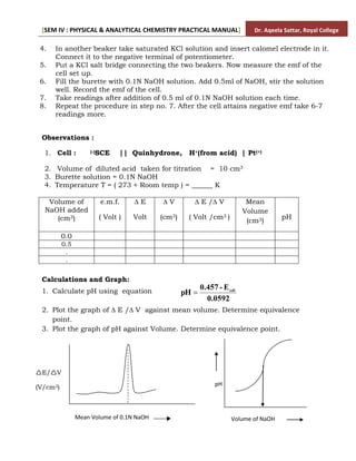 [SEM IV : PHYSICAL & ANALYTICAL CHEMISTRY PRACTICAL MANUAL] Dr. Aqeela Sattar, Royal College
4. In another beaker take saturated KCl solution and insert calomel electrode in it.
Connect it to the negative terminal of potentiometer.
5. Put a KCl salt bridge connecting the two beakers. Now measure the emf of the
cell set up.
6. Fill the burette with 0.1N NaOH solution. Add 0.5ml of NaOH, stir the solution
well. Record the emf of the cell.
7. Take readings after addition of 0.5 ml of 0.1N NaOH solution each time.
8. Repeat the procedure in step no. 7. After the cell attains negative emf take 6-7
readings more.
Observations :
1. Cell : (-)SCE || Quinhydrone, H+(from acid) | Pt(+)
2. Volume of diluted acid taken for titration = 10 cm3
3. Burette solution = 0.1N NaOH
4. Temperature T = ( 273 + Room temp ) = ______ K
Volume of
NaOH added
(cm3)
e.m.f.
( Volt )
∆ E
Volt
∆ V
(cm3)
∆ E /∆ V
( Volt /cm3 )
Mean
Volume
(cm3)
pH
0.0
0.5
.
.
Calculations and Graph:
1. Calculate pH using equation
2. Plot the graph of ∆ E /∆ V against mean volume. Determine equivalence
point.
3. Plot the graph of pH against Volume. Determine equivalence point.
0.0592
E
-
0.457
pH cell

E/V
(V/cm3)
Mean Volume of 0.1N NaOH Volume of NaOH
pH
 