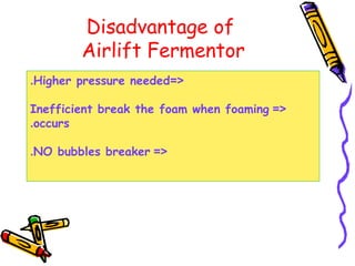 Disadvantage of
Airlift Fermentor
=<Higher pressure needed.
=<Inefficient break the foam when foaming
occurs.
=<NO bubbles breaker.
 