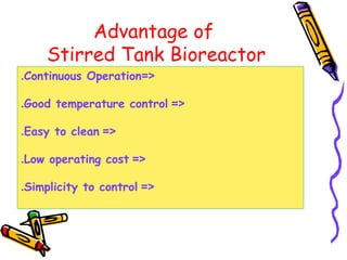 Advantage of
Stirred Tank Bioreactor
=<Continuous Operation.
=<Good temperature control.
=<Easy to clean.
=<Low operating cost.
=<Simplicity to control.
 