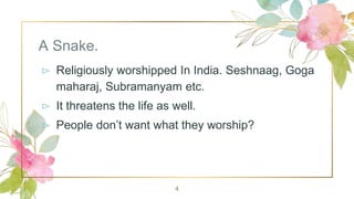 A Snake.
⊳ Religiously worshipped In India. Seshnaag, Goga
maharaj, Subramanyam etc.
⊳ It threatens the life as well.
⊳ People don’t want what they worship?
4
 