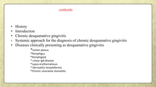contents
• History
• Introduction
• Chronic desquamative gingivitis
• Systemic approach for the diagnosis of chronic desquamative gingivitis
• Diseases clinically presenting as desquamative gingivitis
*Lichen planus
*Pemphigus
*Pemphigoid
* Linear IgA disease
*Lupus erythematosus
* Dermatitis herpetiformis
*Chronic ulcerative stomatitis
 