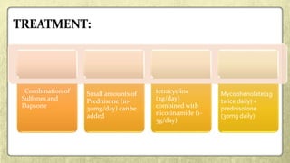 Combination of
Sulfones and
Dapsone
Small amounts of
Prednisone (10-
30mg/day) canbe
added
tetracycline
(2g/day)
combined with
nicotinamide (1-
5g/day)
Mycophenolate(1g
twice daily) +
prednisolone
(30mg daily)
 