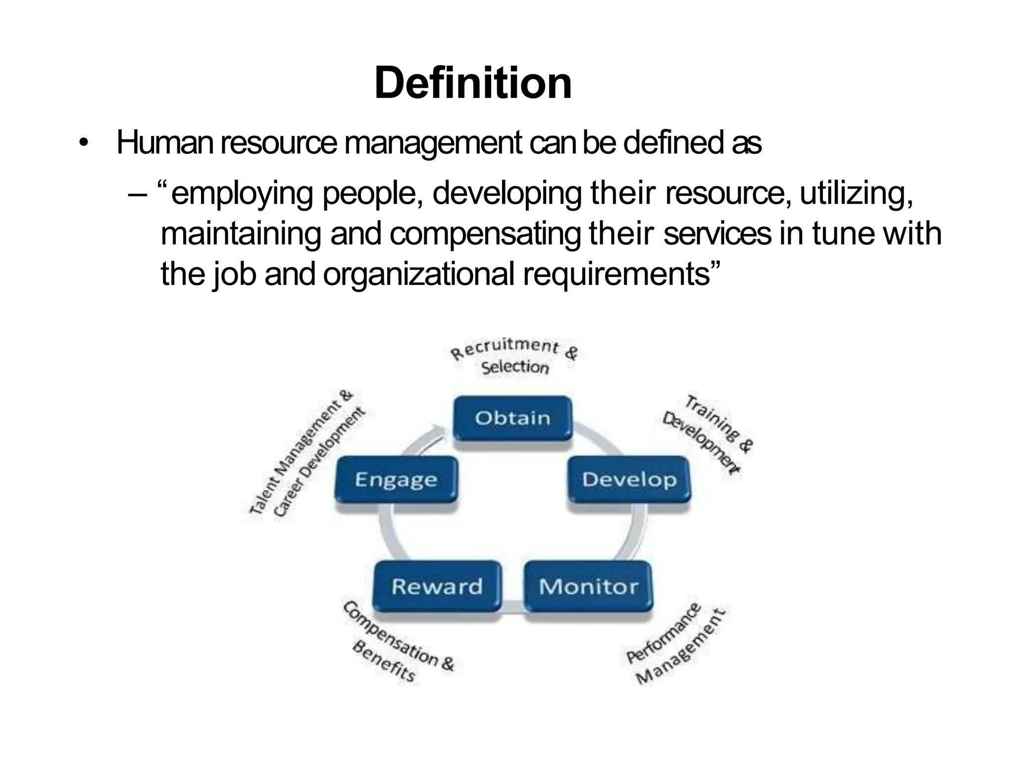 Definition
• Humanresource management canbe defined as
– “employing people, developing their resource, utilizing,
maintaining and compensating their services in tune with
the job and organizational requirements”
 