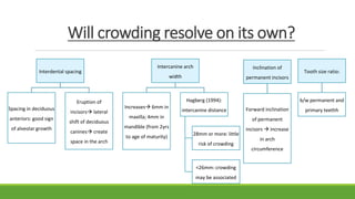 Will crowding resolve on its own?
Interdental spacing
Spacing in deciduous
anteriors: good sign
of alveolar growth
Eruption of
incisors lateral
shift of deciduous
canines create
space in the arch
Intercanine arch
width
Increases 6mm in
maxilla; 4mm in
mandible (from 2yrs
to age of maturity)
Hagberg (1994):
intercanine distance
28mm or more: little
risk of crowding
<26mm: crowding
may be associated
Inclination of
permanent incisors
Forward inclination
of permanent
incisors  increase
in arch
circumference
Tooth size ratio:
b/w permanent and
primary teethh
 