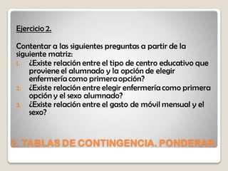 2. TABLAS DE CONTINGENCIA. PONDERAR.
Ejercicio 2.
Contentar a las siguientes preguntas a partir de la
siguiente matriz:
1. ¿Existe relación entre el tipo de centro educativo que
proviene el alumnado y la opción de elegir
enfermería como primeraopción?
2. ¿Existe relación entre elegir enfermería como primera
opción y el sexo alumnado?
3. ¿Existe relación entre el gasto de móvil mensual y el
sexo?
 