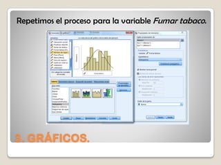 3. GRÁFICOS.
Repetimos el proceso para la variable Fumar tabaco.
 