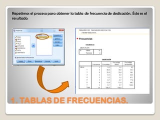 1. TABLAS DE FRECUENCIAS.
Repetimos el proceso para obtener la tabla de frecuencia de dedicación. Éste es el
resultado:
 