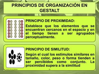 PRINCIPIO DE PROXIMIDAD:
Establece que los elementos que se
encuentran cercanos en el espacio y en
el tiempo tienen a ser agrupados
perceptualmente.
PRINCIPIO DE SIMILITUD:
Según el cual los estímulos similares en
tamaño, color, peso o forma tienden a
ser percibidos como conjunto. La
proximidad supera a la similitud
PRINCIPIOS DE ORGANIZACIÓN EN
GESTALT
Mg. Fanny Wong Miñán 28
 