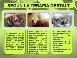 El individuo es el
organismo como su
medio, darse cuenta
transcurre en la más
íntima privacidad.
Para Fritz el ser
humano es una
Gestalt en sí mismo y
al mismo tiempo
parte de una Gestalt.
Creía que el ser
humano vivía para lo
que era correcto, sin
importarle si
realmente quería,
decía que el ser
humano se ha
tornado fóbico al
dolor y el sufrimiento,
evitando lo que no es
divertido y agradable,
escapando de la
frustración.
El resultado de
este proceder es la
falta de
crecimiento.
Enfrentar la
frustración y el
dolor lleva a un
sufrimiento
realista,
acompañado de un
crecimiento.
Mg. Fanny Wong Miñán 33
SEGÚN LA TERAPIA GESTALT
 