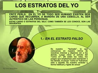 LOS ESTRATOS DEL YO
o FRITZ PERLS: EN EL YO DE TODO SER HUMANO EXISTEN SEIS
CAPAS QUE RECUBREN, A MANERA DE UNA CEBOLLA, AL SER
AUTÉNTICO DE LAS PERSONAS.
ESTAS CAPAS O ESTRATOS DEL SELF, COMO TAMBIÉN SE LES CONOCE, SON LAS
SIGUIENTES:
1.- EN EL ESTRATO FALSO
Es nuestra "fachada", lo que
colocamos en nuestra vitrina de
nosotros mismos y dejamos ver a los
demás. Luego viene el estrato del
"como sí"; allí están los roles, los
juegos que empleamos para manipular a
los demás, el actuar "como sí" fuéramos
esto o aquello. Es nuestro carácter o
forma habitual y rígida de actuar
.
Mg. Fanny Wong Miñán 42
 