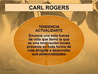 TENDENCIA
ACTUALIZANTE
Enuncia una sola fuerza
de vida que llama la que
es una motivación innata
presente en toda forma de
vida dirigida a desarrollar
sus potencialidades
Mg. Fanny Wong Miñán 53
CARL ROGERS
 