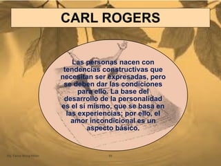 Las personas nacen con
tendencias constructivas que
necesitan ser expresadas, pero
se deben dar las condiciones
para ello. La base del
desarrollo de la personalidad
es el sí mismo, que se basa en
las experiencias; por ello, el
amor incondicional es un
aspecto básico.
Mg. Fanny Wong Miñán 55
CARL ROGERS
 