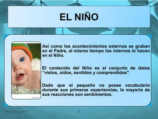 Así como los acontecimientos externos se graban
en el Padre, al mismo tiempo los internos lo hacen
en el Niño.
El contenido del Niño es el conjunto de datos
“vistos, oídos, sentidos y comprendidos".
Dado que el pequeño no posee vocabulario
durante sus primeras experiencias, la mayoría de
sus reacciones son sentimientos.
Mg. Fanny Wong Miñán 73
EL NIÑO
 