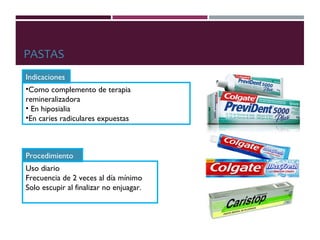 PASTAS
•Como complemento de terapia
remineralizadora
• En hiposialia
•En caries radiculares expuestas
Uso diario
Frecuencia de 2 veces al día mínimo
Solo escupir al finalizar no enjuagar.
Indicaciones
Procedimiento
 