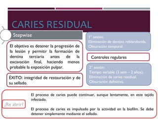 CARIES RESIDUAL
1° sesión:
Eliminación de dentina reblandecida.
Obturación temporal.
2° sesión:
Tiempo variable (3 sem – 2 años).
Eliminación de caries residual.
Obturación definitiva.
El objetivo es detener la progresión de
la lesión y permitir la formación de
dentina terciaria antes de la
excavación final, haciendo menos
probable la exposición pulpar.
El proceso de caries puede continuar, aunque lentamente, en este tejido
infectado.
El proceso de caries es impulsado por la actividad en la biofilm. Se debe
detener simplemente mediante el sellado.
ÉXITO: integridad de restauración y de
su sellado.
Controles regulares esenciales
¿Re abrir?
 