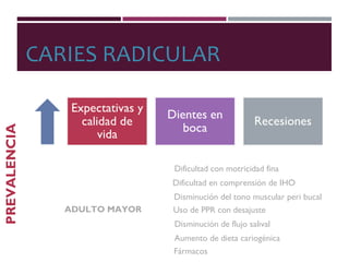 CARIES RADICULAR
PREVALENCIA
ADULTO MAYOR
Dificultad con motricidad fina
Dificultad en comprensión de IHO
Disminución del tono muscular peri bucal
Uso de PPR con desajuste
Disminución de flujo salival
Aumento de dieta cariogénica
Fármacos
 