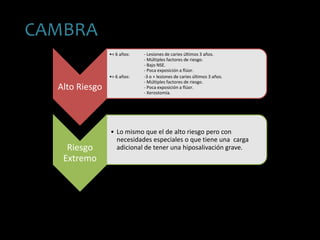 CCAMBRA
Alto Riesgo
•< 6 años: - Lesiones de caries últimos 3 años.
- Múltiples factores de riesgo.
- Bajo NSE.
- Poca exposición a flúor.
•> 6 años: -3 o + lesiones de caries últimos 3 años.
- Múltiples factores de riesgo.
- Poca exposición a flúor.
- Xerostomía.
Riesgo
Extremo
• Lo mismo que el de alto riesgo pero con
necesidades especiales o que tiene una carga
adicional de tener una hiposalivación grave.
 