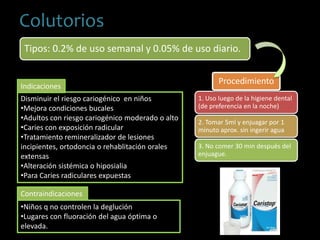 Colutorios
Tipos: 0.2% de uso semanal y 0.05% de uso diario.
1. Uso luego de la higiene dental
(de preferencia en la noche)
2. Tomar 5ml y enjuagar por 1
minuto aprox. sin ingerir agua
3. No comer 30 min después del
enjuague.
Procedimiento
•Niños q no controlen la deglución
•Lugares con fluoración del agua óptima o
elevada.
Disminuir el riesgo cariogénico en niños
•Mejora condiciones bucales
•Adultos con riesgo cariogénico moderado o alto
•Caries con exposición radicular
•Tratamiento remineralizador de lesiones
incipientes, ortodoncia o rehablitación orales
extensas
•Alteración sistémica o hiposialia
•Para Caries radiculares expuestas
Contraindicaciones
Indicaciones
 