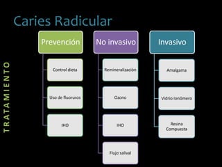 TRATAMIENTO
Caries Radicular
Prevención
Control dieta
Uso de fluoruros
IHO
No invasivo
Remineralización
Ozono
IHO
Flujo salival
Invasivo
Amalgama
Vidrio Ionómero
Resina
Compuesta
 