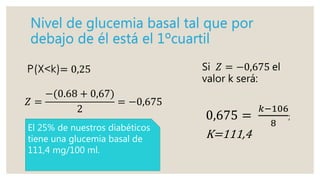 Nivel de glucemia basal tal que por
debajo de él está el 1ºcuartil
𝑍 =
−(0.68 + 0,67)
2
= −0,675
Si 𝑍 = −0,675 el
valor k será:
0,675 =
𝑘−106
8
;
K=111,4
El 25% de nuestros diabéticos
tiene una glucemia basal de
111,4 mg/100 ml.
 