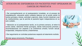 Atención De Enfermeria en Pacientes Post Operados de
Cancer de Prostata
• Dar acompañamiento en el posto­
peratorio inmediato, en el proceso de
hospitalización, educando so­
bre cuidados básicos con la sonda uretral, la
herida quirúrgica, drenes, actividad y ejercicio, dieta, función intestinal y uso
de medicamentos, que le permita al paciente lograr independencia en su
auto cuida­
do.
• Valoración en el postoperatorio tar­
dío, en la primera semana, al re­
tirar la
sonda uretral, valorando he­
rida quirúrgica, dando instruccio­
nes precisas y
recomendaciones con respecto a la continencia urinaria, función sexual,
incapacidad, che­
queos futuros y tratamientos.
• Dar seguimiento en controles pos­
teriores respecto al tratamiento re­
cibido.
•Brindar apoyo emocional y Psicologico.
 