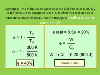 Ejemplo 3:   Una máquina de vapor absorbe 600 J de calor a 500 K y la temperatura de escape es 300 K. Si la eficiencia real sólo es la mitad de la eficiencia ideal, ¿cuánto trabajo se  realiza durante cada ciclo? e = 40% e real = 0.5e i  = 20% W = eQ H  = 0.20 (600 J) e = 1 -  T C T H e = 1 -   300 K 500 K e =  W Q H Trabajo = 120 J 