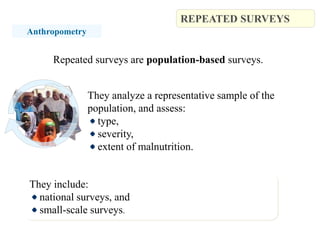 They include:
national surveys, and
small-scale surveys.
REPEATED SURVEYS
They analyze a representative sample of the
population, and assess:
type,
severity,
extent of malnutrition.
Anthropometry
Repeated surveys are population-based surveys.
 