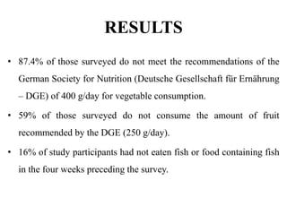 RESULTS
• 87.4% of those surveyed do not meet the recommendations of the
German Society for Nutrition (Deutsche Gesellschaft für Ernährung
– DGE) of 400 g/day for vegetable consumption.
• 59% of those surveyed do not consume the amount of fruit
recommended by the DGE (250 g/day).
• 16% of study participants had not eaten fish or food containing fish
in the four weeks preceding the survey.
 