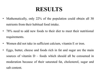 RESULTS
• Mathematically, only 22% of the population could obtain all 30
nutrients from their habitual food intake.
• 78% need to add new foods to their diet to meet their nutritional
requirements.
• Women did not take in sufficient calcium, vitamin E or iron.
• Eggs, butter, cheese and foods rich in fat and sugar are the main
sources of vitamin D – foods which should all be consumed in
moderation because of their saturated fat, cholesterol, sugar and
salt content.
 
