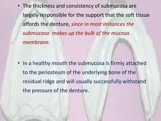 • The thickness and consistency of submucosa are
largely responsible for the support that the soft tissue
affords the denture, since in most instances the
submucosa makes up the bulk of the mucous
membrane.
• In a healthy mouth the submucosa is firmly attached
to the periosteum of the underlying bone of the
residual ridge and will usually successfully withstand
the pressure of the denture.
 