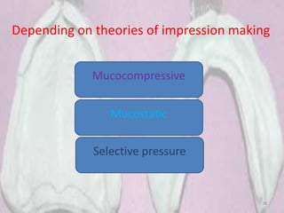 38
Depending on theories of impression making
Mucostatic
Mucocompressive
Selective pressure
 