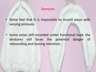 Demerits
• Some feel that It is impossible to record areas with
varying pressure.
• Some areas still recorded under functional load, the
dentures still faces the potential danger of
rebounding and loosing retention.
 