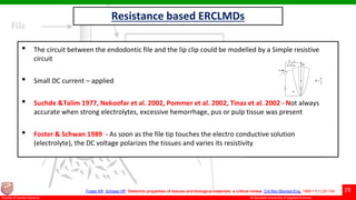 © Ramaiah University of Applied Sciences
19
Faculty of Dental Sciences
Resistance based ERCLMDs
• The circuit between the endodontic file and the lip clip could be modelled by a Simple resistive
circuit
• Small DC current – applied
• Suchde &Talim 1977, Nekoofar et al. 2002, Pommer et al. 2002, Tinaz et al. 2002 - Not always
accurate when strong electrolytes, excessive hemorrhage, pus or pulp tissue was present
• Foster & Schwan 1989 - As soon as the file tip touches the electro conductive solution
(electrolyte), the DC voltage polarizes the tissues and varies its resistivity
Foster KR, Schwan HP. Dielectric properties of tissues and biological materials: a critical review. Crit Rev Biomed Eng. 1989;17(1):25-104.
 