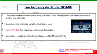 © Ramaiah University of Applied Sciences
20
Faculty of Dental Sciences
Low frequency oscillation ERCLMDs
• The structure of the endodontic instrument, canal and tissues have capacitive characteristics as well as
resistive characteristics
• Capacitance characteristics- variable with shape of canal
• Inoue (1972-73) - low frequency oscillation eg: SonoExplorer
• Assumption : Impedance value of gingival sulcus and OMM similar to PDL
Inoue N Dental "stethoscope" measures root canal.
Dent Surv. 1972 Jan;48(1):38-9.
.
 