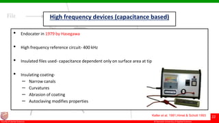 © Ramaiah University of Applied Sciences
22
Faculty of Dental Sciences
High frequency devices (capacitance based)
• Endocater in 1979 by Hasegawa
• High frequency reference circuit- 400 kHz
• Insulated files used- capacitance dependent only on surface area at tip
• Insulating coating-
– Narrow canals
– Curvatures
– Abrasion of coating
– Autoclaving modifies properties
Keller et al. 1991;Himel & Schott 1993
 
