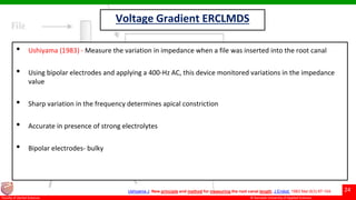 © Ramaiah University of Applied Sciences
24
Faculty of Dental Sciences
Voltage Gradient ERCLMDS
• Ushiyama (1983) - Measure the variation in impedance when a file was inserted into the root canal
• Using bipolar electrodes and applying a 400-Hz AC, this device monitored variations in the impedance
value
• Sharp variation in the frequency determines apical constriction
• Accurate in presence of strong electrolytes
• Bipolar electrodes- bulky
Ushiyama J. New principle and method for measuring the root canal length. J Endod. 1983 Mar;9(3):97-104.
 