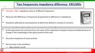 © Ramaiah University of Applied Sciences
25
Faculty of Dental Sciences
Two frequencies impedance difference ERCLMDs
• Yamaoka, 1984 - Impedance value at 2 different frequencies
• Measures the Difference in frequencies proportional to difference in impedances
• Should be calibrated at coronal portion to determine dielectric constant of contents
• As file approaches the canal terminus, the value of the capacitance sharply increases probably because of
change in the morphology of the apical portion of the root
• Accurate irrespective of canal contents
• Not accurate in dry conditions
– Open electric circuit
 