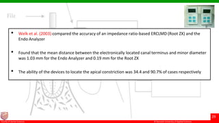 © Ramaiah University of Applied Sciences
29
Faculty of Dental Sciences
• Welk et al. (2003) compared the accuracy of an impedance ratio-based ERCLMD (Root ZX) and the
Endo Analyzer
• Found that the mean distance between the electronically located canal terminus and minor diameter
was 1.03 mm for the Endo Analyzer and 0.19 mm for the Root ZX
• The ability of the devices to locate the apical constriction was 34.4 and 90.7% of cases respectively
 