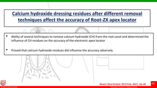© Ramaiah University of Applied Sciences
43
Faculty of Dental Sciences
Calcium hydroxide dressing residues after different removal
techniques affect the accuracy of Root-ZX apex locator
• Ability of several techniques to remove calcium hydroxide (CH) from the root canal and determined the
influence of CH residues on the accuracy of the electronic apex locator
• Proved that calcium hydroxide residues did influence the accuracy adversely
Restor Dent Endod. 2015 Feb; 40(1): 44–49
 