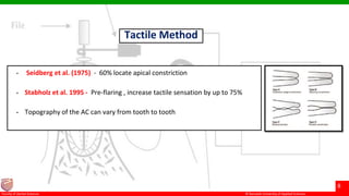© Ramaiah University of Applied Sciences
8
Faculty of Dental Sciences
Tactile Method
• Seidberg et al. (1975) - 60% locate apical constriction
• Stabholz et al. 1995 - Pre-flaring , increase tactile sensation by up to 75%
• Topography of the AC can vary from tooth to tooth
 