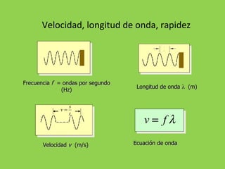 Velocidad, longitud de onda, rapidez Ecuación de onda Frecuencia  f  = ondas por segundo (Hz) Velocidad  v   (m/s) Longitud de onda    (m)  
