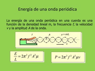 Energía de una onda periódica La energía de una onda periódica en una cuerda es una función de la densidad lineal m, la frecuencia  f,  la velocidad  v  y la amplitud  A  de la onda. f A v    = m/L 