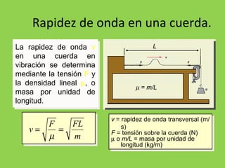 Rapidez de onda en una cuerda. v  = rapidez de onda transversal (m/s) F  = tensión sobre la cuerda (N)    o  m/L  = masa por unidad de longitud (kg/m) La rapidez de onda  v   en una cuerda en vibración se determina mediante la tensión  F  y la densidad lineal   , o masa por unidad de longitud. L    = m/L 