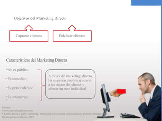 Objetivos del Marketing Directo
Fuentes:
*www.marketingdirecto.com
* Kotler, Philip y Gary Armstrong. Marketing versión para Latinoamérica. Pearson, Prentice Hall.
Decimoprimera edición, 2007
Capturar clientes Fidelizar clientes
Características del Marketing Directo
•No es público
•Es inmediato
•Es personalizado
•Es interactivo
A través del marketing directo,
las empresas pueden ajustarse
a los deseos del cliente y
ofrecer un trato individual
 