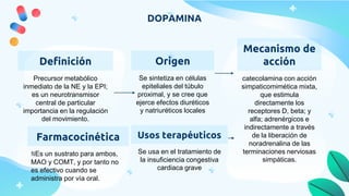 DOPAMINA
Definición
Precursor metabólico
inmediato de la NE y la EPI;
es un neurotransmisor
central de particular
importancia en la regulación
del movimiento.
Origen
Se sintetiza en células
epiteliales del túbulo
proximal, y se cree que
ejerce efectos diuréticos
y natriuréticos locales
Mecanismo de
acción
catecolamina con acción
simpaticomimética mixta,
que estimula
directamente los
receptores D, beta; y
alfa; adrenérgicos e
indirectamente a través
de la liberación de
noradrenalina de las
terminaciones nerviosas
simpáticas.
Usos terapéuticos
Se usa en el tratamiento de
la insuficiencia congestiva
cardiaca grave
Farmacocinética
NEs un sustrato para ambos,
MAO y COMT, y por tanto no
es efectivo cuando se
administra por vía oral.
 