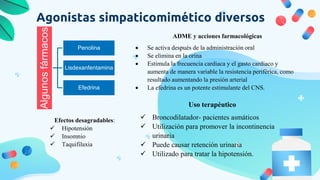 Agonistas simpaticomimético diversos
Algunos
fármacos Penolina
Lisdexanfentamina
Efedrina
Uso terapéutico
 Broncodilatador- pacientes asmáticos
 Utilización para promover la incontinencia
urinaria
 Puede causar retención urinaria
 Utilizado para tratar la hipotensión.
ADME y acciones farmacológicas
 Se activa después de la administración oral
 Se elimina en la orina
 Estimula la frecuencia cardiaca y el gasto cardiaco y
aumenta de manera variable la resistencia periférica, como
resultado aumentando la presión arterial
 La efedrina es un potente estimulante del CNS.
Efectos desagradables:
 Hipotensión
 Insomnio
 Taquifilaxia
 