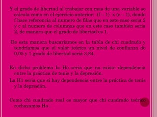 Y el grado de libertad al trabajar con mas de una variable se
calcula como en el ejercicio anterior: (f – 1) x (c – 1), donde
f hace referencia al numero de filas que en este caso seria 2
y c al numero de columnas que en este caso también seria
2, de manera que el grado de libertad es 1.
De esta manera buscaríamos en la tabla de chi cuadrado y
tendríamos que el valor teórico un nivel de confianza de
0,05 y 1 grado de libertad seria 3,84.
En dicho problema la Ho seria que no existe dependencia
entre la práctica de tenis y la depresión.
La H1 seria que si hay dependencia entre la práctica de tenis
y la depresión.
Como chi cuadrado real es mayor que chi cuadrado teórico
rechazamos Ho .
 